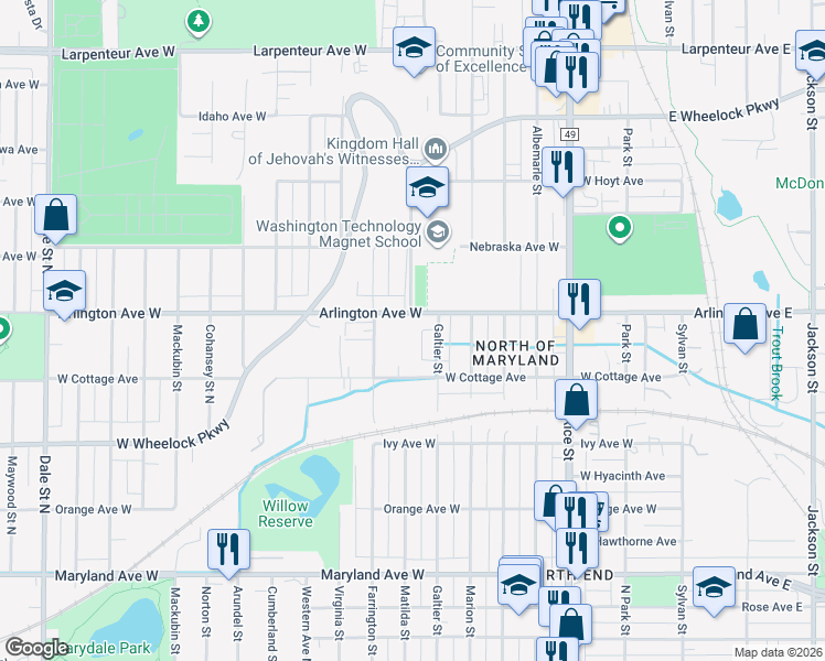 map of restaurants, bars, coffee shops, grocery stores, and more near 307 West Cottage Avenue in Saint Paul