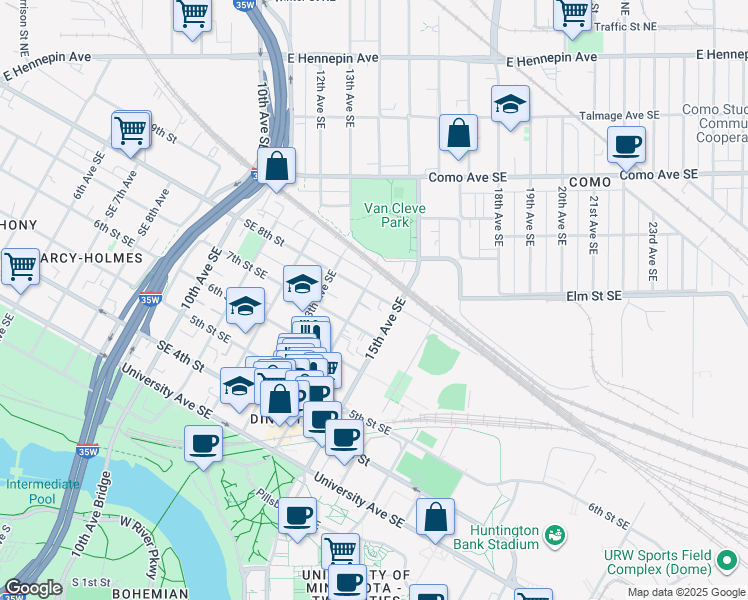 map of restaurants, bars, coffee shops, grocery stores, and more near 704 14th Avenue Southeast in Minneapolis