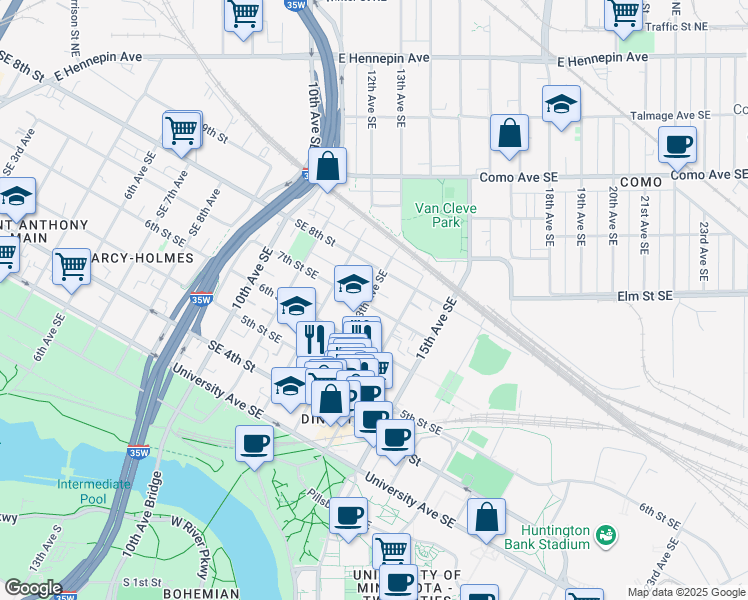 map of restaurants, bars, coffee shops, grocery stores, and more near 1318 Southeast 7th Street in Minneapolis