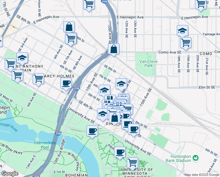 map of restaurants, bars, coffee shops, grocery stores, and more near 524 12th Avenue Southeast in Minneapolis