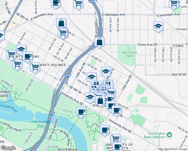 map of restaurants, bars, coffee shops, grocery stores, and more near 524 12th Avenue Southeast in Minneapolis
