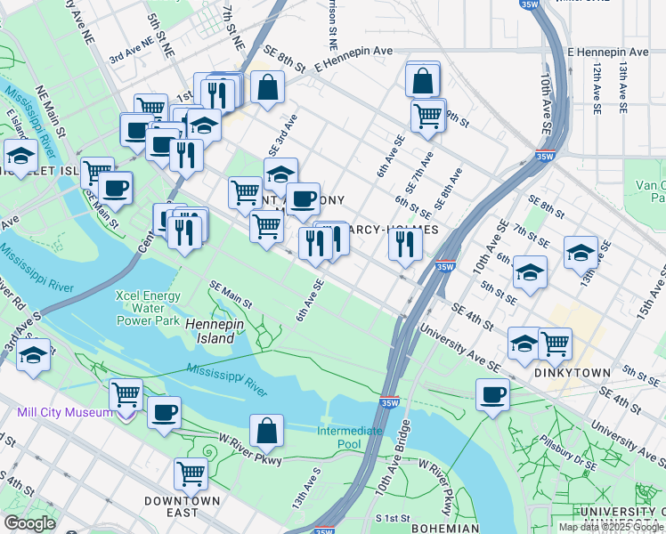 map of restaurants, bars, coffee shops, grocery stores, and more near 600 University Avenue Southeast in Minneapolis