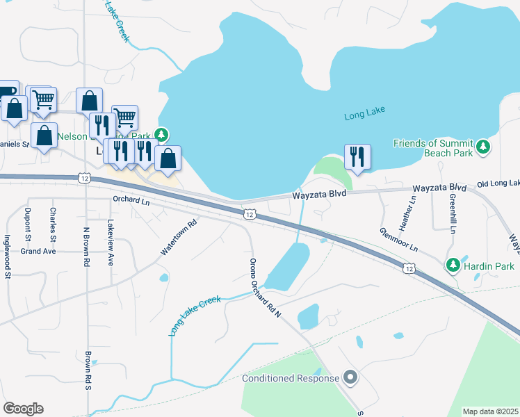 map of restaurants, bars, coffee shops, grocery stores, and more near 1595 Wayzata Boulevard in Long Lake