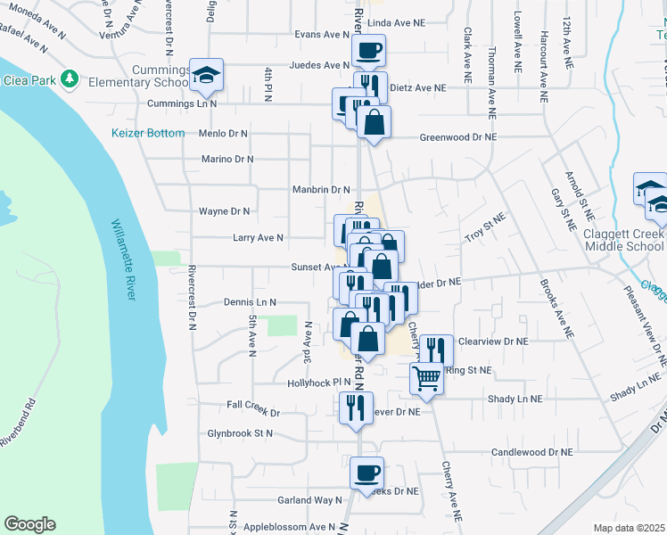 map of restaurants, bars, coffee shops, grocery stores, and more near 166 Sunset Avenue North in Keizer