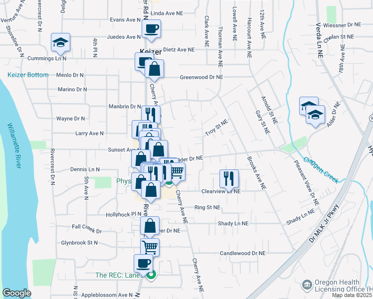 map of restaurants, bars, coffee shops, grocery stores, and more near 4036 Arleta Avenue Northeast in Keizer