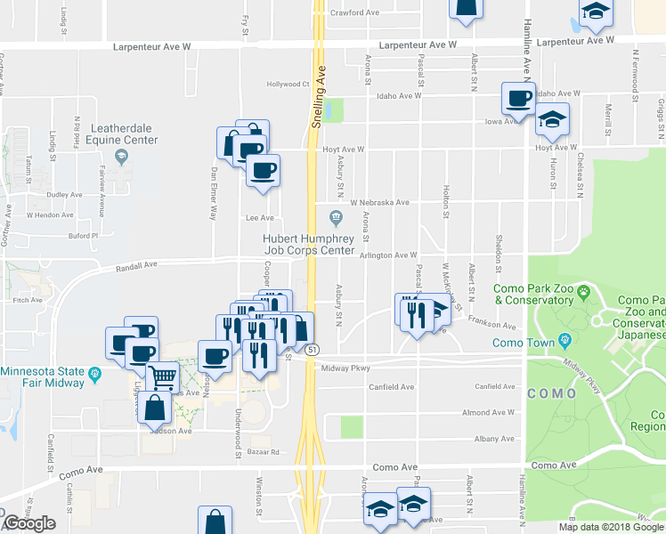 map of restaurants, bars, coffee shops, grocery stores, and more near 1431 Asbury Street North in Saint Paul