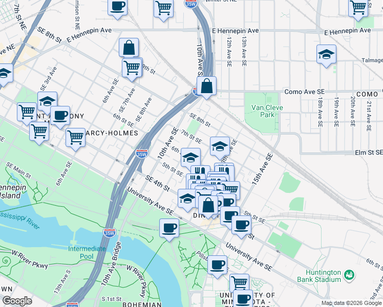 map of restaurants, bars, coffee shops, grocery stores, and more near 524 12th Avenue Southeast in Minneapolis