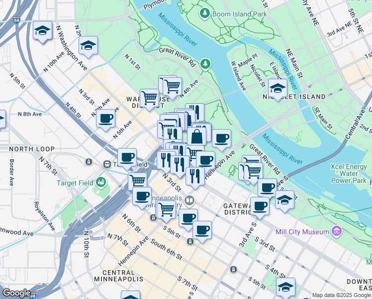map of restaurants, bars, coffee shops, grocery stores, and more near 129 North 2nd Street in Minneapolis