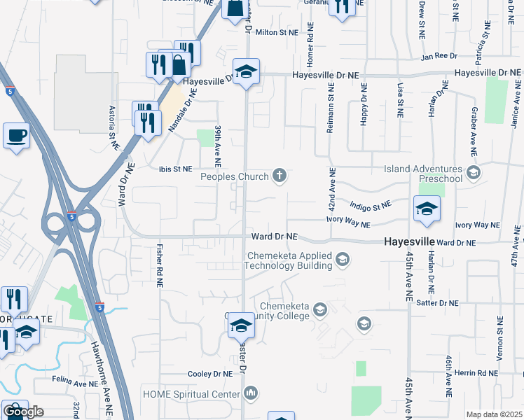 map of restaurants, bars, coffee shops, grocery stores, and more near 4421 40th Court Northeast in Salem