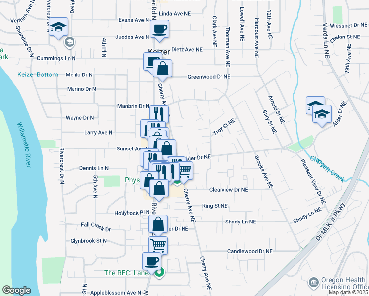 map of restaurants, bars, coffee shops, grocery stores, and more near 1007 Alder Drive Northeast in Keizer