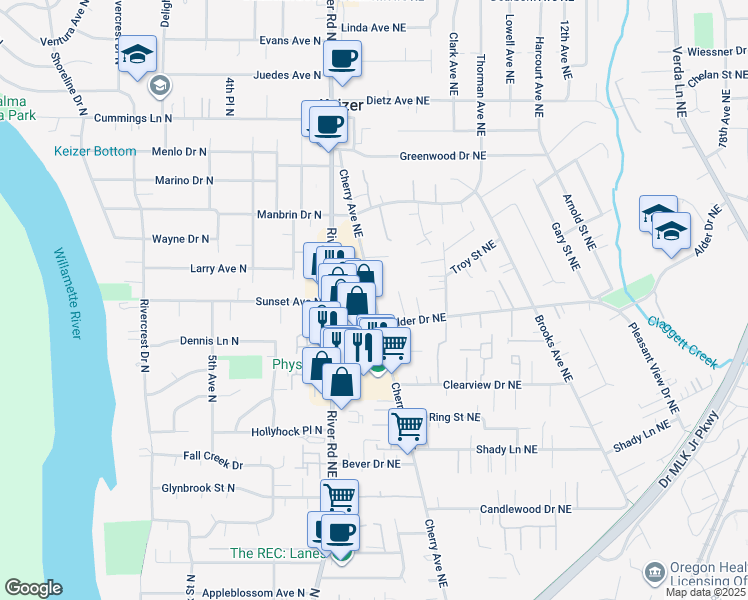 map of restaurants, bars, coffee shops, grocery stores, and more near 4045 Cherry Avenue Northeast in Keizer