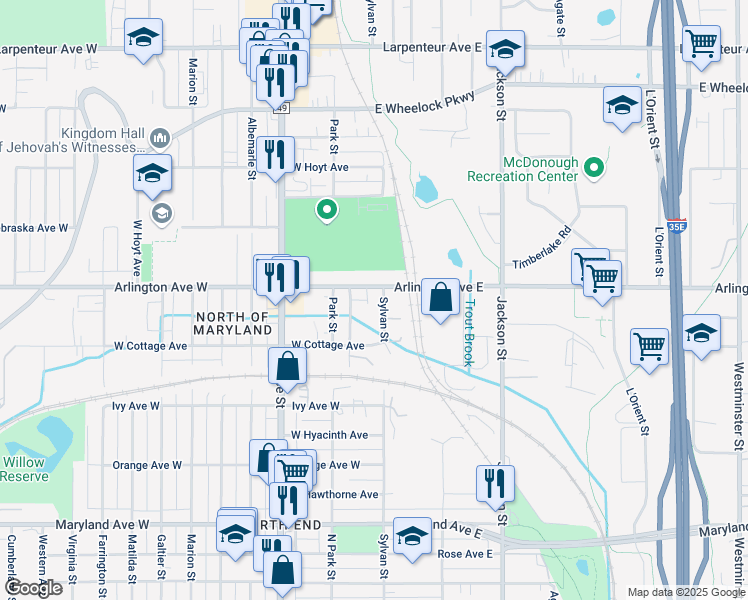 map of restaurants, bars, coffee shops, grocery stores, and more near 1399 North Sylvan Street in Saint Paul