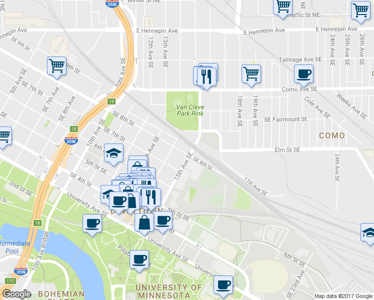 map of restaurants, bars, coffee shops, grocery stores, and more near in Minneapolis
