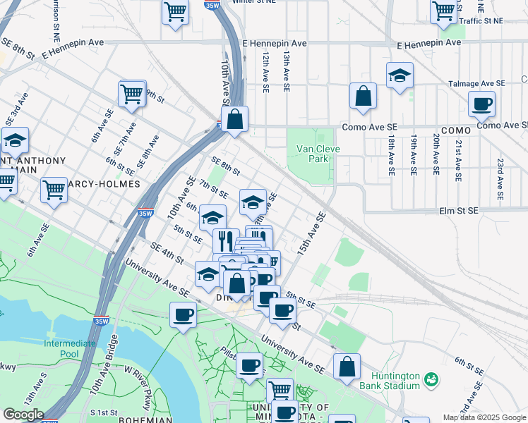 map of restaurants, bars, coffee shops, grocery stores, and more near 1318 Southeast 7th Street in Minneapolis