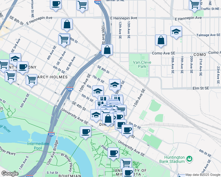 map of restaurants, bars, coffee shops, grocery stores, and more near in Minneapolis