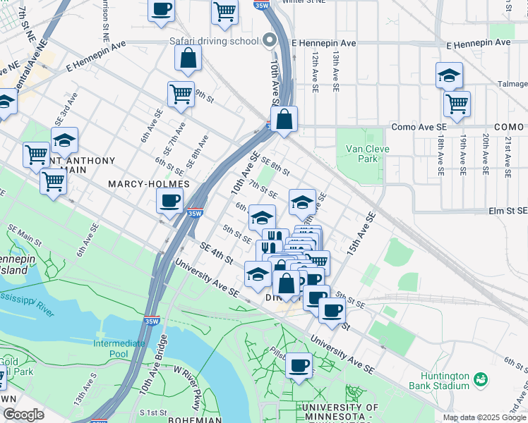 map of restaurants, bars, coffee shops, grocery stores, and more near 524 12th Avenue Southeast in Minneapolis