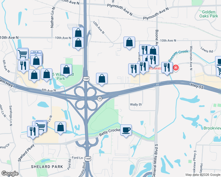 map of restaurants, bars, coffee shops, grocery stores, and more near 9201 Olson Memorial Highway in Golden Valley