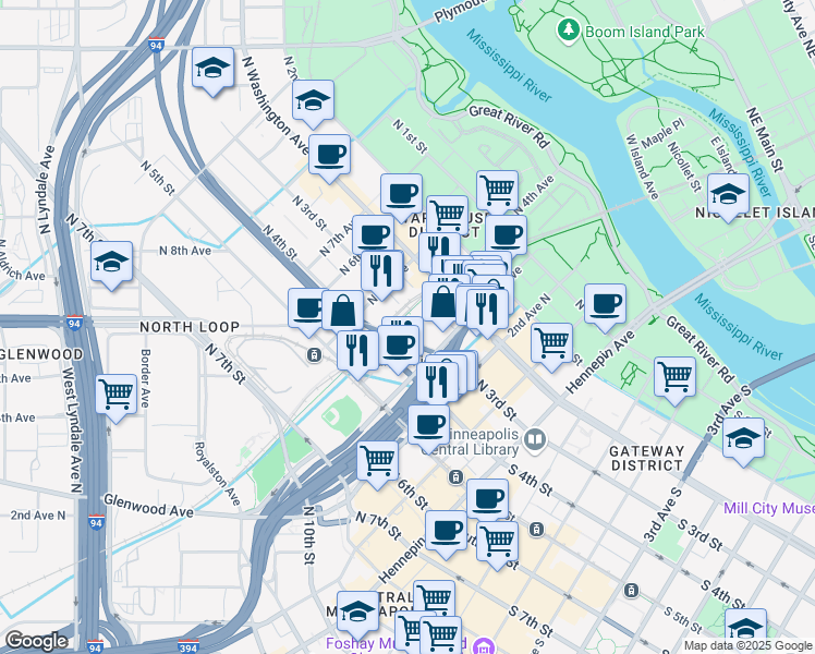map of restaurants, bars, coffee shops, grocery stores, and more near 318 3rd Avenue North in Minneapolis