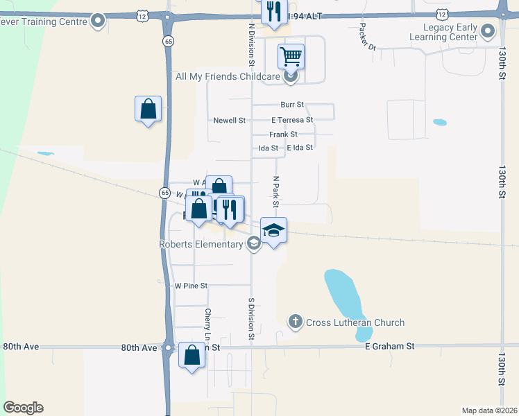 map of restaurants, bars, coffee shops, grocery stores, and more near 102 West Maple Street in River Falls