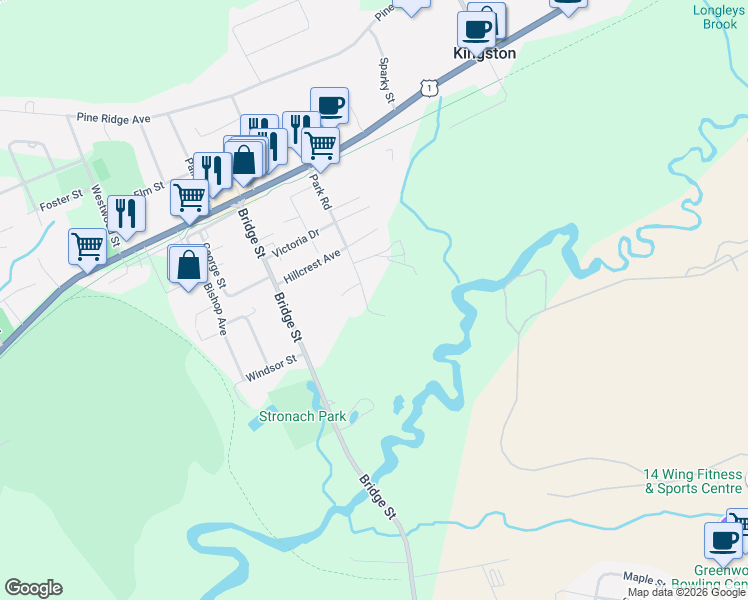 map of restaurants, bars, coffee shops, grocery stores, and more near 1394 Park Road in Kingston
