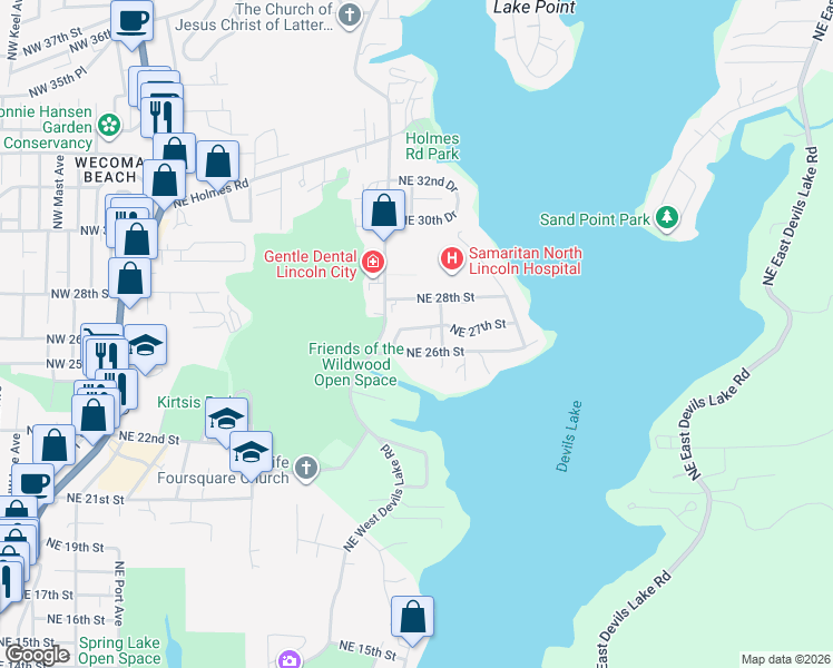 map of restaurants, bars, coffee shops, grocery stores, and more near 3109 Northeast 26th Street in Lincoln City