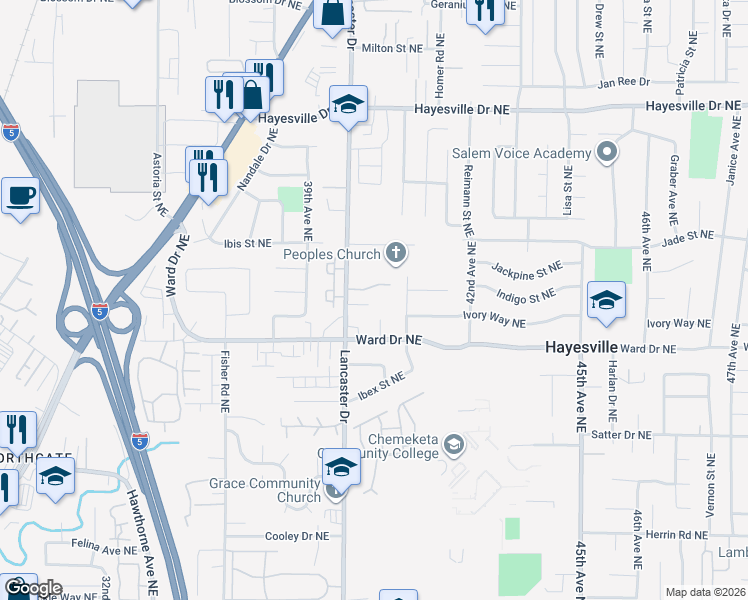 map of restaurants, bars, coffee shops, grocery stores, and more near 4452 Lancaster Drive Northeast in Salem