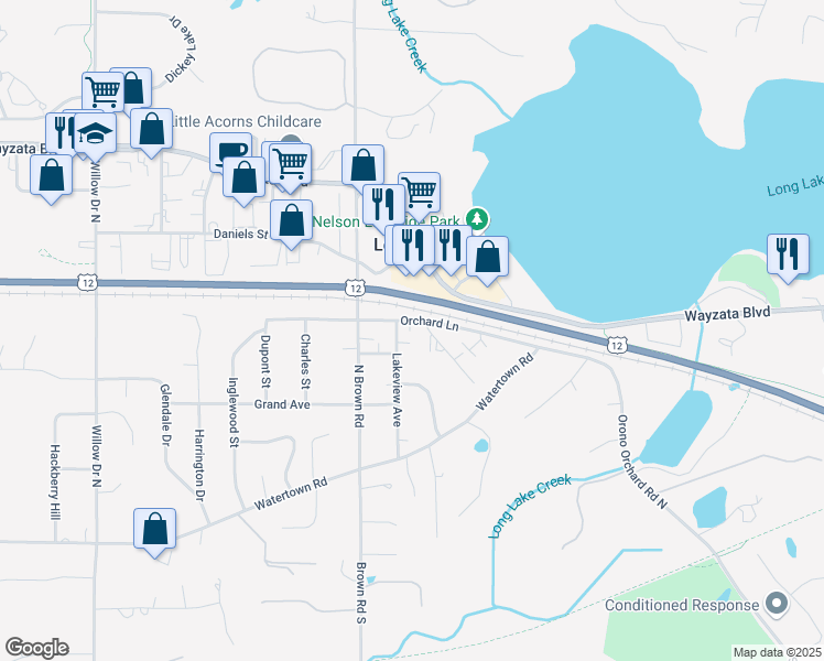 map of restaurants, bars, coffee shops, grocery stores, and more near 1802 Orchard Lane in Long Lake