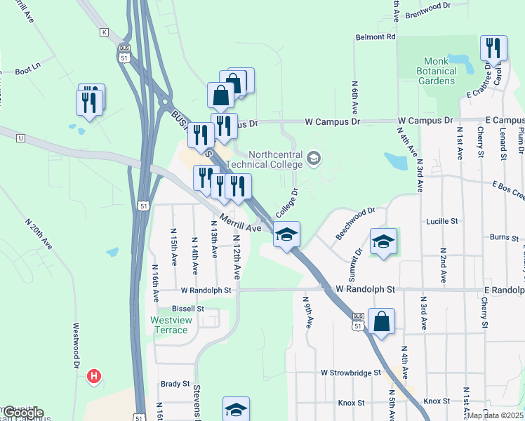 map of restaurants, bars, coffee shops, grocery stores, and more near 1501-1729 Badger Avenue in Wausau