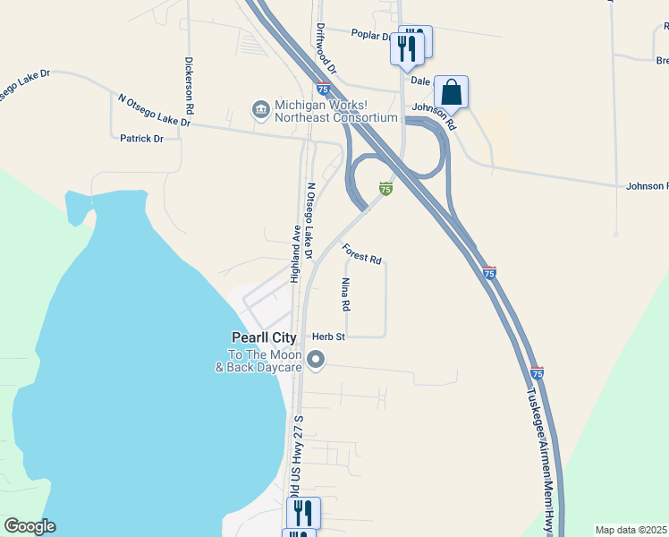 map of restaurants, bars, coffee shops, grocery stores, and more near Old Highway 27 South in Gaylord
