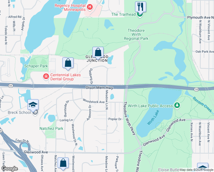map of restaurants, bars, coffee shops, grocery stores, and more near 700 Meadow Lane North in Minneapolis
