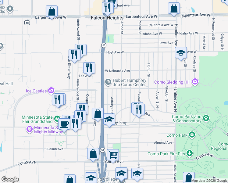 map of restaurants, bars, coffee shops, grocery stores, and more near 1455 Arona Street in Saint Paul