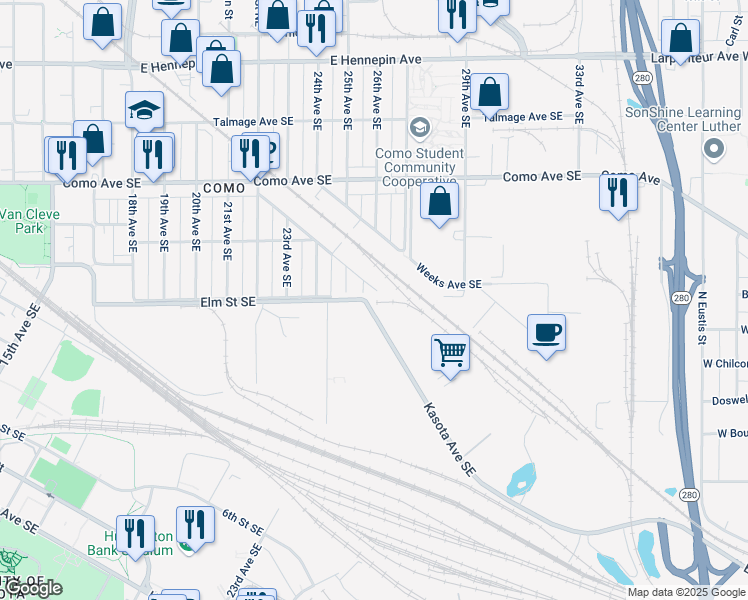 map of restaurants, bars, coffee shops, grocery stores, and more near 2647 Cole Avenue Southeast in Minneapolis