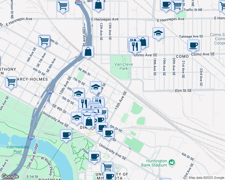 map of restaurants, bars, coffee shops, grocery stores, and more near 815 Rollins Avenue Southeast in Minneapolis