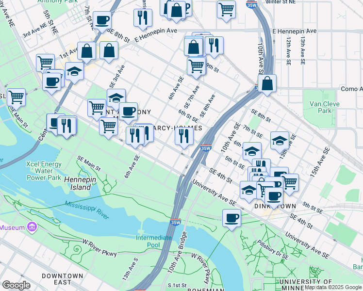 map of restaurants, bars, coffee shops, grocery stores, and more near in Minneapolis
