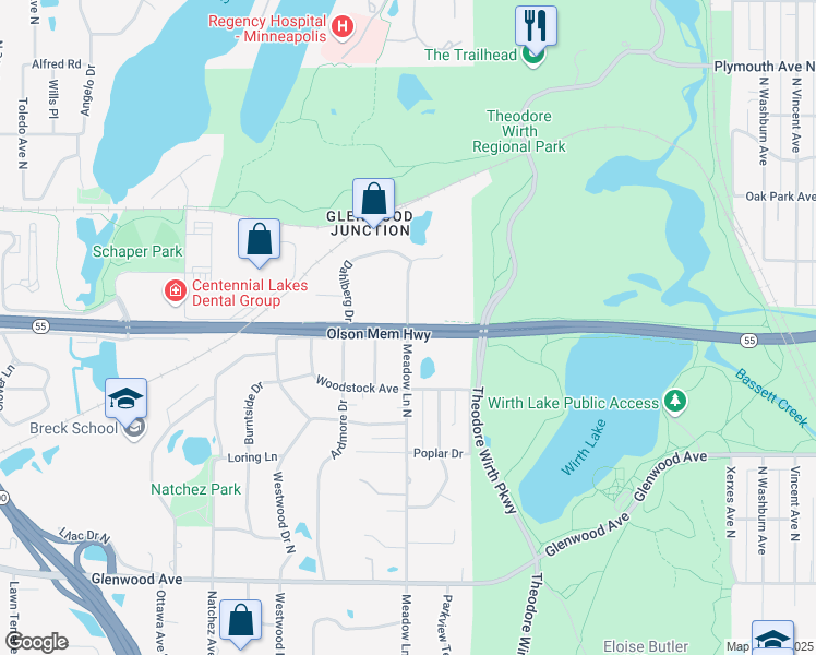map of restaurants, bars, coffee shops, grocery stores, and more near 766-898 Meadow Ln N in Golden Valley