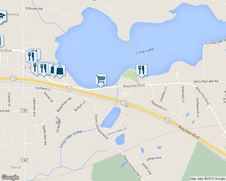 map of restaurants, bars, coffee shops, grocery stores, and more near 1585 Wayzata Boulevard in Long Lake