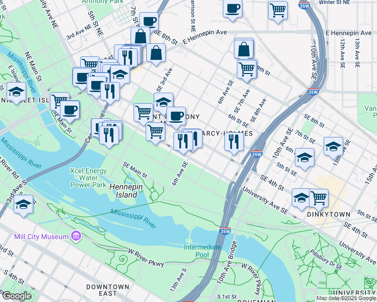 map of restaurants, bars, coffee shops, grocery stores, and more near 525 University Avenue Southeast in Minneapolis