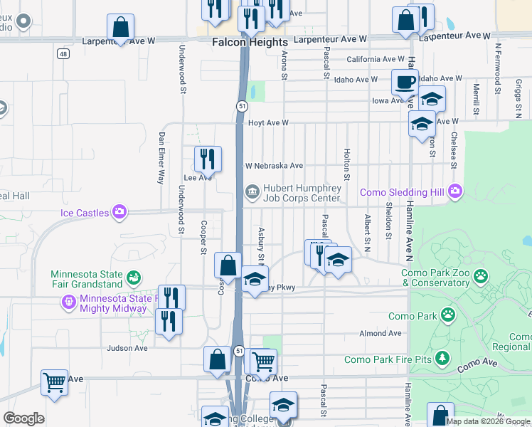 map of restaurants, bars, coffee shops, grocery stores, and more near 1455 Arona Street in Saint Paul