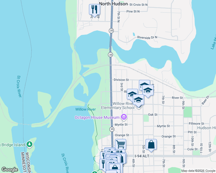 map of restaurants, bars, coffee shops, grocery stores, and more near 1330 2nd Street in Hudson