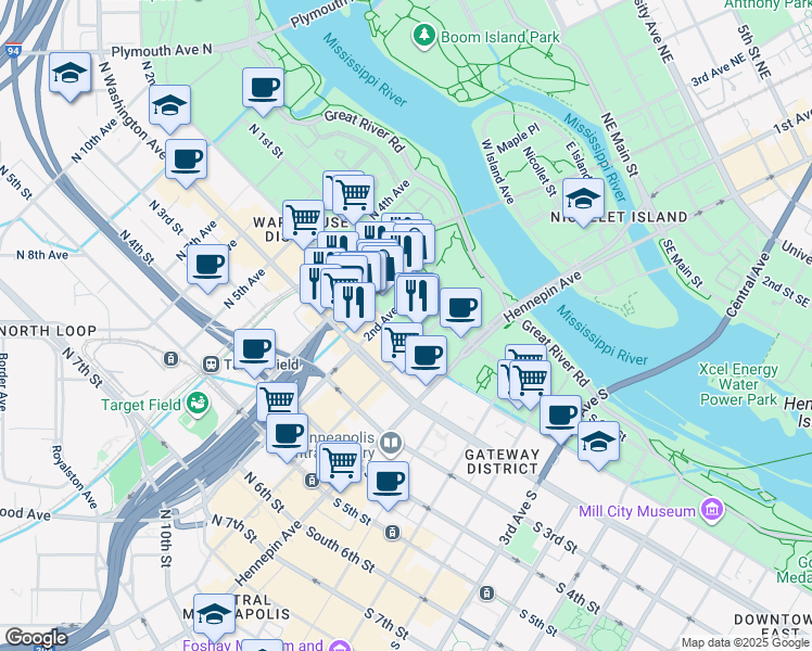 map of restaurants, bars, coffee shops, grocery stores, and more near 200 North 2nd Street in Minneapolis