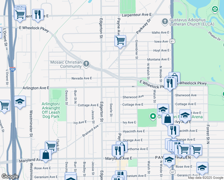 map of restaurants, bars, coffee shops, grocery stores, and more near 605 Arlington Avenue East in Saint Paul