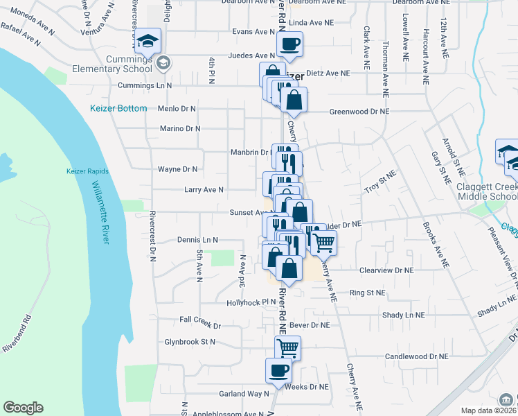 map of restaurants, bars, coffee shops, grocery stores, and more near 211 Sunset Avenue North in Keizer