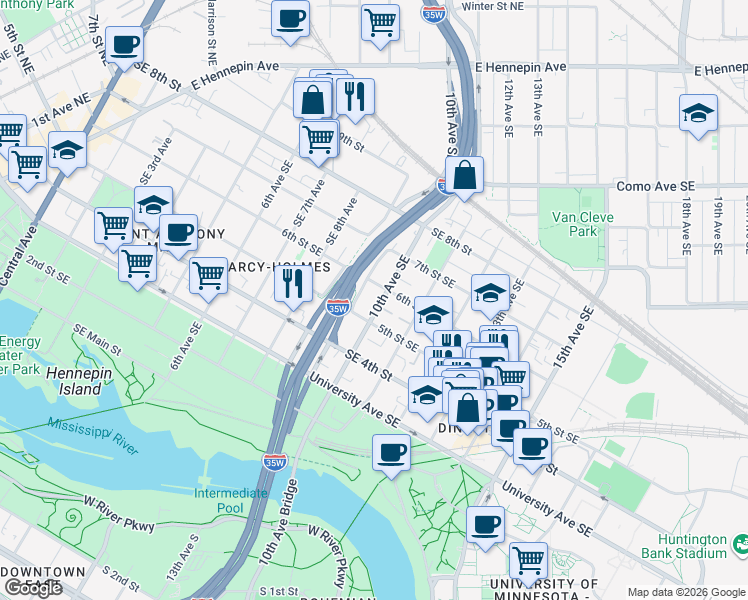 map of restaurants, bars, coffee shops, grocery stores, and more near 519 10th Avenue Southeast in Minneapolis