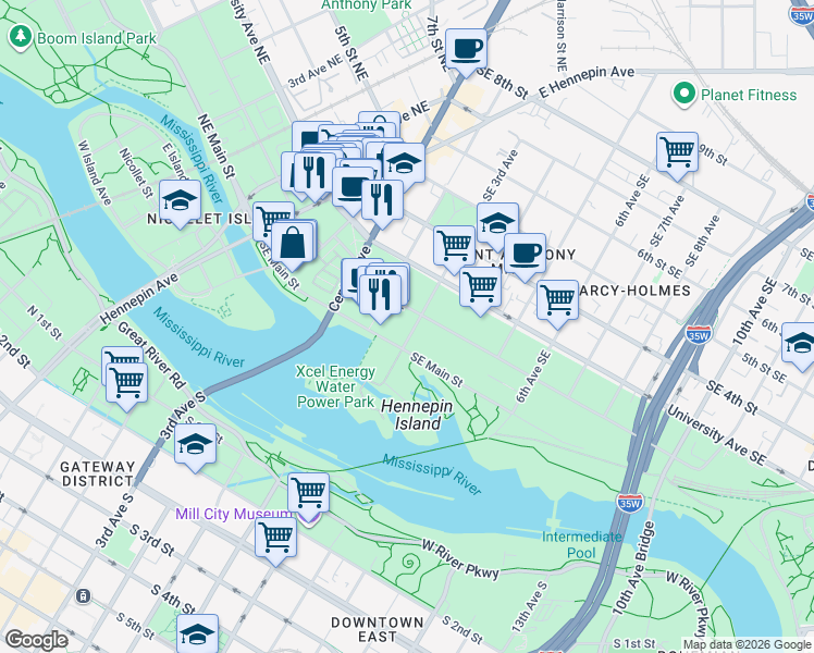 map of restaurants, bars, coffee shops, grocery stores, and more near 225 2nd Street Southeast in Minneapolis