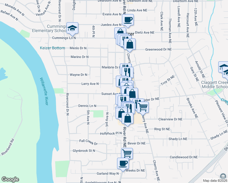 map of restaurants, bars, coffee shops, grocery stores, and more near 211 Sunset Avenue North in Keizer