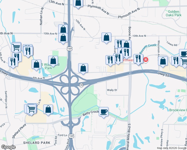 map of restaurants, bars, coffee shops, grocery stores, and more near 9201 Golden Valley Road in Golden Valley