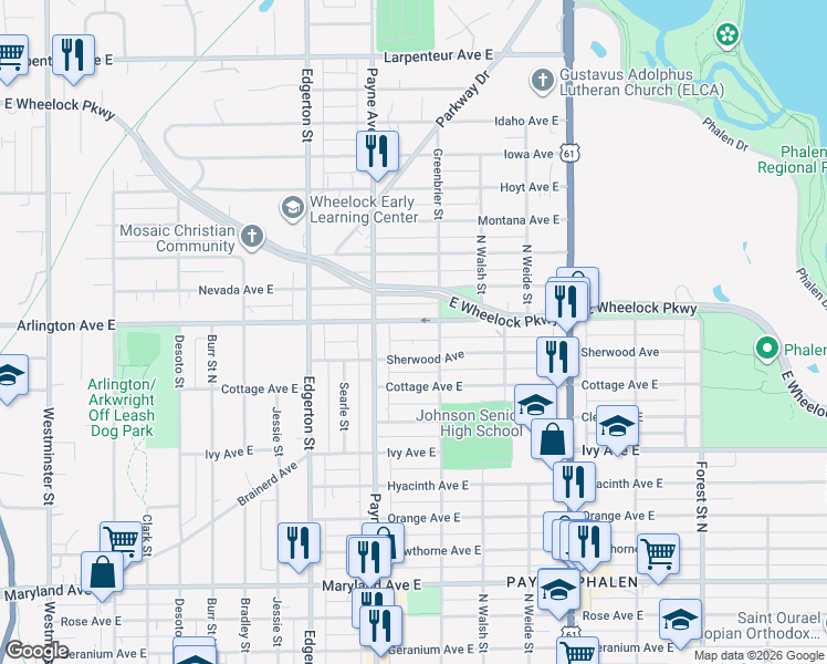 map of restaurants, bars, coffee shops, grocery stores, and more near 681 Arlington Avenue East in Saint Paul