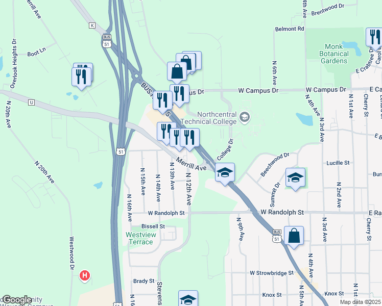 map of restaurants, bars, coffee shops, grocery stores, and more near 1501-1729 Badger Ave in Wausau