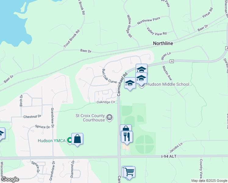 map of restaurants, bars, coffee shops, grocery stores, and more near 2460 Oakridge Circle in Hudson
