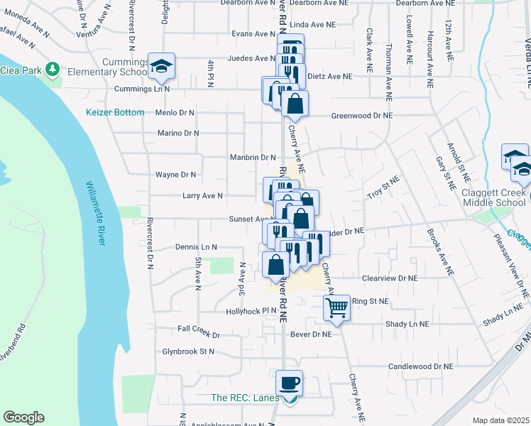 map of restaurants, bars, coffee shops, grocery stores, and more near 4131 River Road North in Keizer